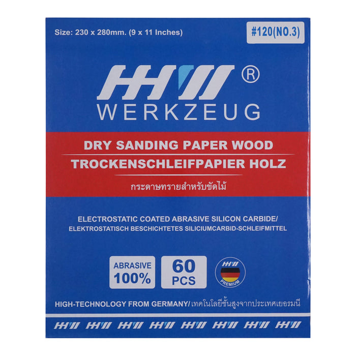 HHW กระดาษทรายไม้ 120 (No.3) Sandpaper Aluminium Oxide for Wood Grit 120 (No.3) PACK@60PCS 10.101733