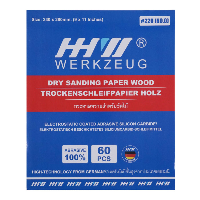 HHW กระดาษทรายไม้ 220 (No.0) Sandpaper Aluminium Oxide for Wood Grit 220 (No.0) PACK@60PCS 10.101736