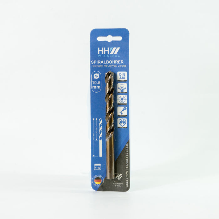 HHW ดอกสว่านโคบอลต์ ไฮสปีด HSCO (โคบอลต์ 5%) 10.5 มม. Twist drill bit DIN 338 ANSI HSCO (5% Cobalt) Size 10.5 mm. 10.100049