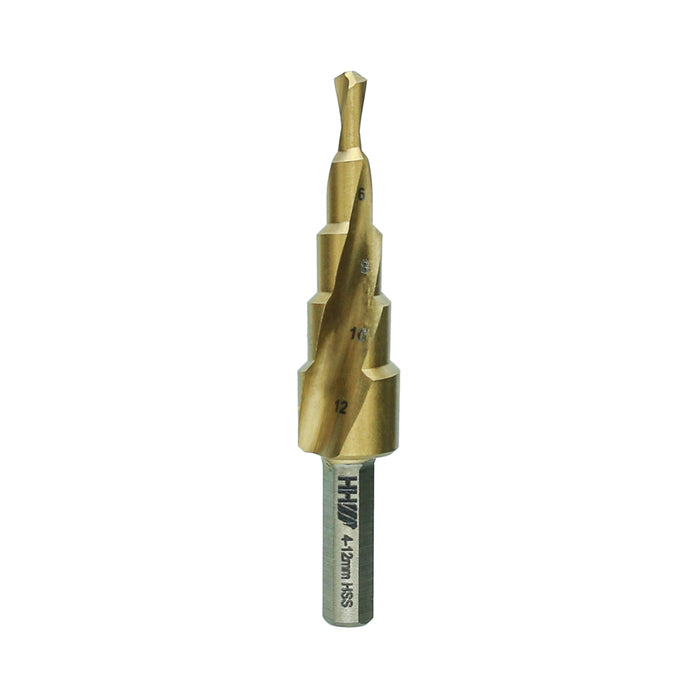 HHW ดอกสว่านทรงเจดีย์ HSS TIN 4-12 มม. Step drill bit HSS TIN coated Size 4-12 mm. 10.100987