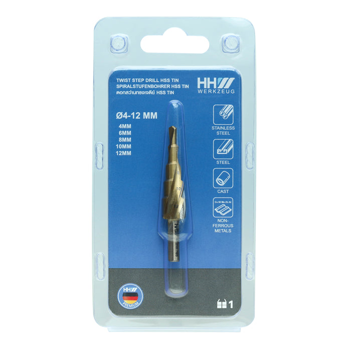 HHW ดอกสว่านทรงเจดีย์ HSS TIN 4-12 มม. Step drill bit HSS TIN coated Size 4-12 mm. 10.100987