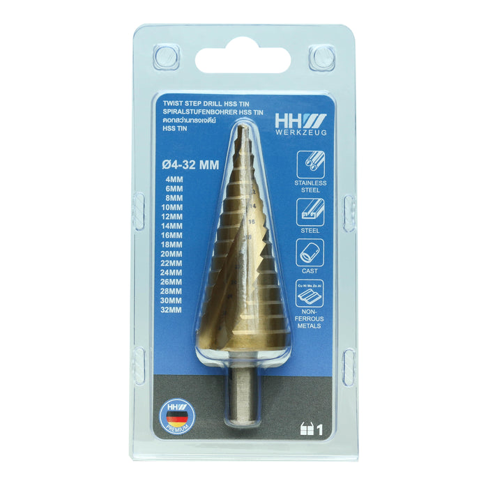 HHW ดอกสว่านทรงเจดีย์ HSS TIN 4-20 มม. Step drill bit HSS TIN coated Size 4-20 mm. 10.100988