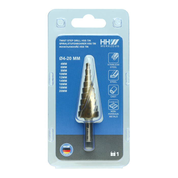 HHW ดอกสว่านทรงเจดีย์ HSS TIN 4-32 มม. Step drill bit HSS TIN coated Size 4-32 mm. 10.100989