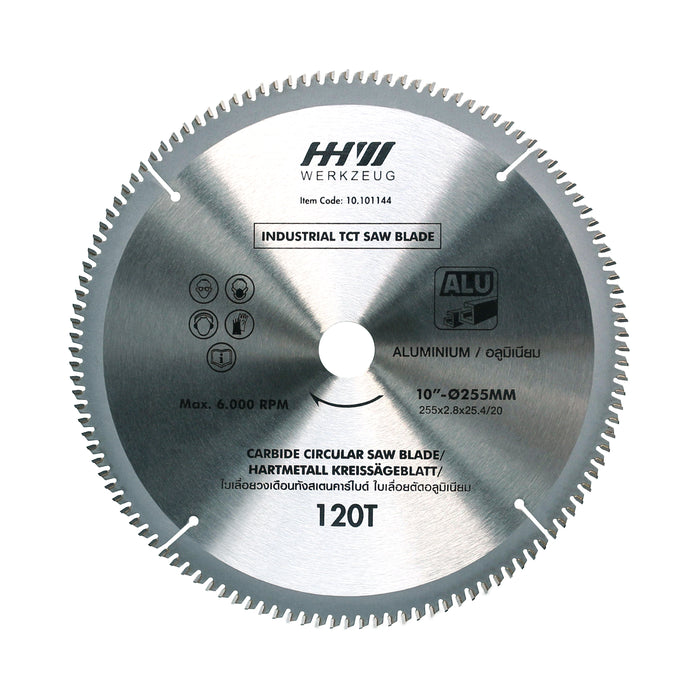 HHW ใบเลื่อยอลูมิเนียม 10" 120ฟัน TCT SAWBLADE FOR ALUMINIUM SIZE 10”255mm 120T 10.101144