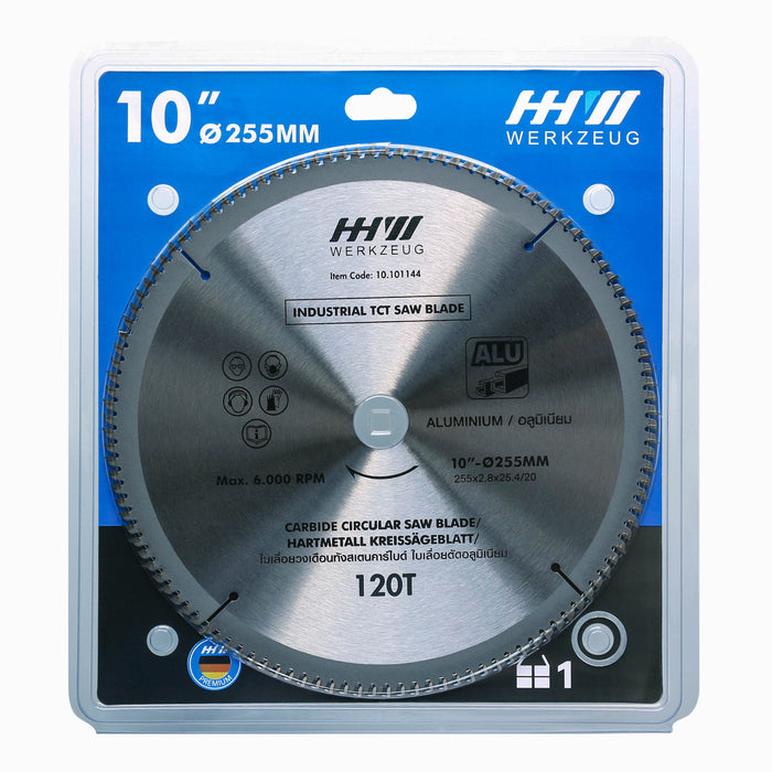 HHW ใบเลื่อยอลูมิเนียม 10" 120ฟัน TCT SAWBLADE FOR ALUMINIUM SIZE 10”255mm 120T 10.101144