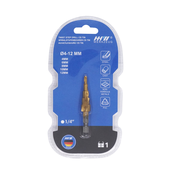 HHW ดอกสว่านทรงเจดีย์ CS TIN 4-12 มม. Step drill CS TIN Size 4-12 mm. 10.101711