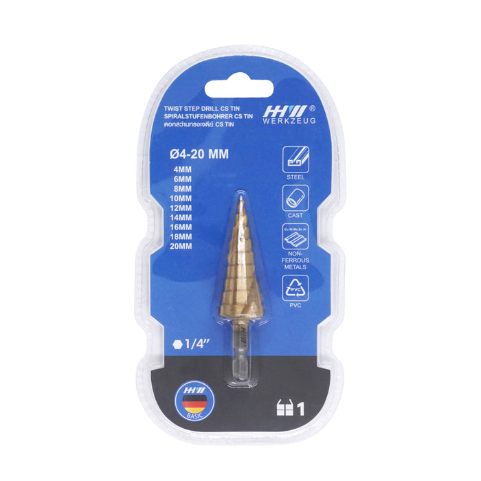HHW ดอกสว่านทรงเจดีย์ CS TIN 4-20 มม. Step drill CS TIN Size 4-20 mm. 10.101712