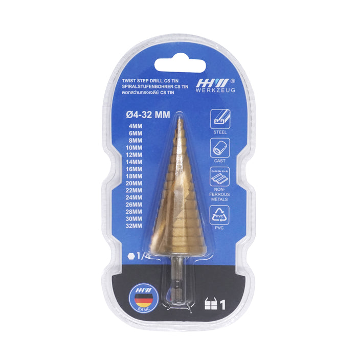 HHW ดอกสว่านทรงเจดีย์ CS TIN 4-32 มม. Step drill CS TIN Size 4-32 mm. 10.101713