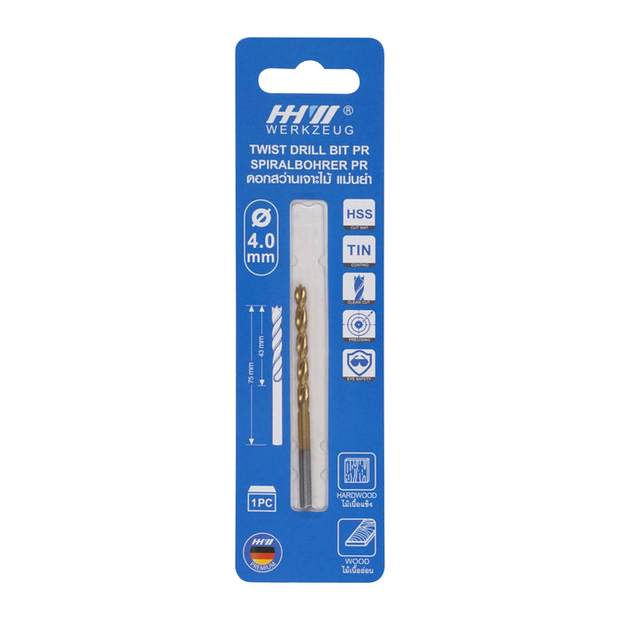 HHW ดอกสว่านเจาะไม้ พรีเมียม 4.0 มม. Precision twist drill bit HSS TIN Size 4.0 mm. 10.101758