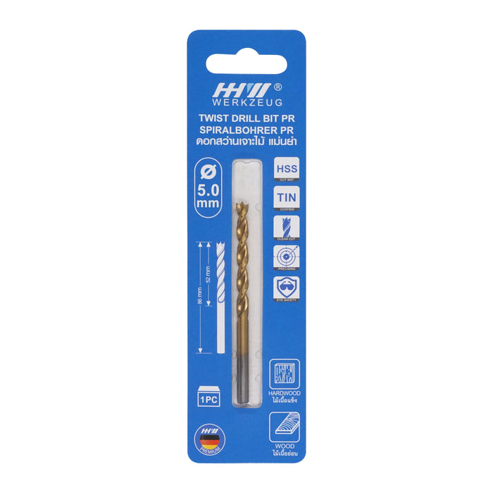 HHW ดอกสว่านเจาะไม้ พรีเมียม 5.0 มม. Precision twist drill bit HSS TIN Size 5.0 mm. 10.101759