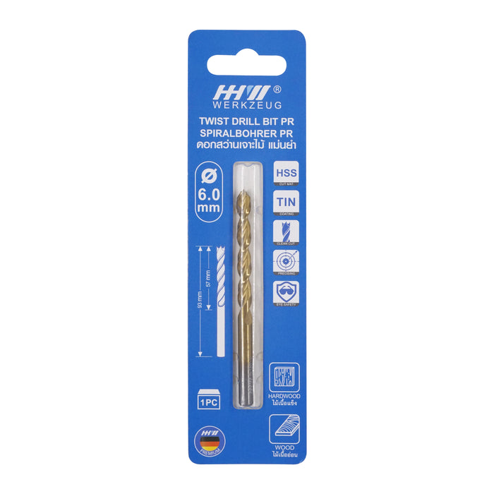 HHW ดอกสว่านเจาะไม้ พรีเมียม 6.0 มม. Precision twist drill bit HSS TIN Size 6.0 mm. 10.101760