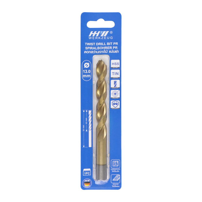 HHW ดอกสว่านเจาะไม้ พรีเมียม 13.0 มม. Precision twist drill bit HSS TIN Size 13.0 mm. 10.101767