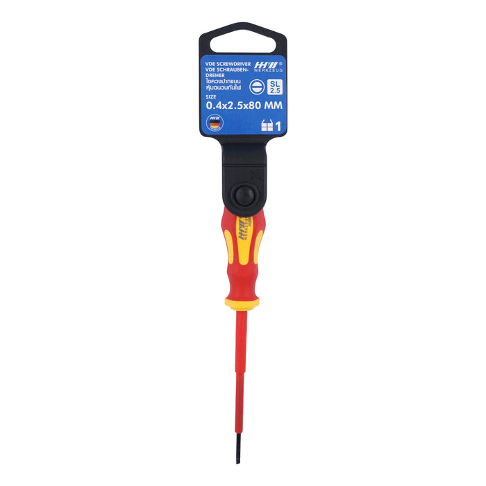 HHW ไขควงปากแบน หุ้มฉนวนกันไฟ ขนาด 0.4x2.5x80 มม VDE Screwdriver Size 0.4x2.5x80 mm IEC 60900 11.100112