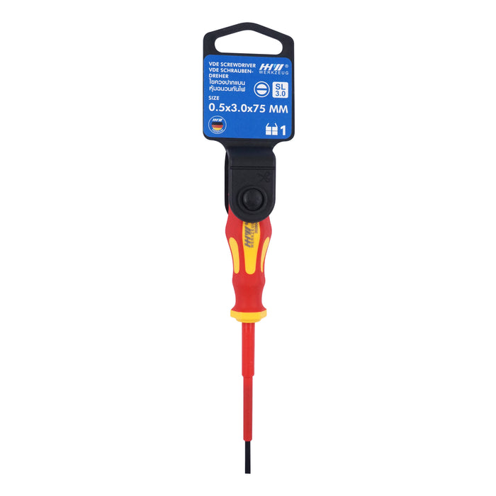 HHW ไขควงปากแบน หุ้มฉนวนกันไฟ ขนาด 0.5x3.0x75 มม VDE Screwdriver Size 0.5x3.0x75 mm IEC 60900 11.100113