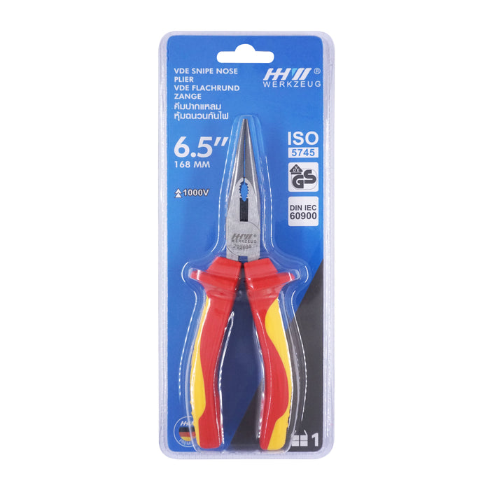 HHW คีมปากแหลม หุ้มฉนวนกันไฟ ขนาด 6.5 นิ้ว VDE Snipe Nose Plier ISO 5746 IEC 60900 Size 6.5" 11.100120