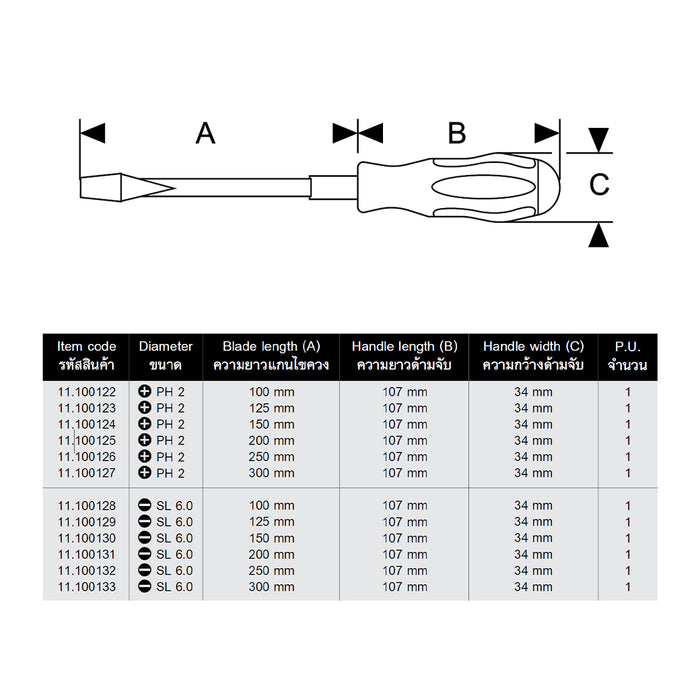 HHW ไขควงปากแบน ขนาด 6.0x100 มม Screwdriver Size 6.0x100 mm 11.100128