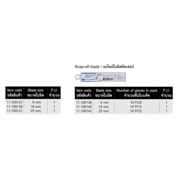 HHW อะไหล่ใบมีดคัตเตอร์ ขนาด 9 มม 10 ใบ/แพ็ค Cutter knife refill pack size 9 mm 10 pcs./pack 11.100138