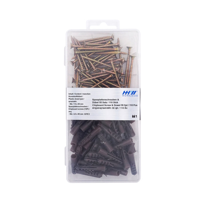 HHW สกรูและพุกพลาสติก 55 ชุด / 110 ชิ้น Chipboard screw & dowel 55 set / 110 pcs 20.100003