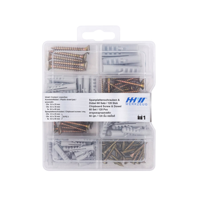 HHW สกรูและพุกพลาสติก 60 ชุด / 120 ชิ้น Chipboard screw & dowel 60 set / 120 pcs 20.100008