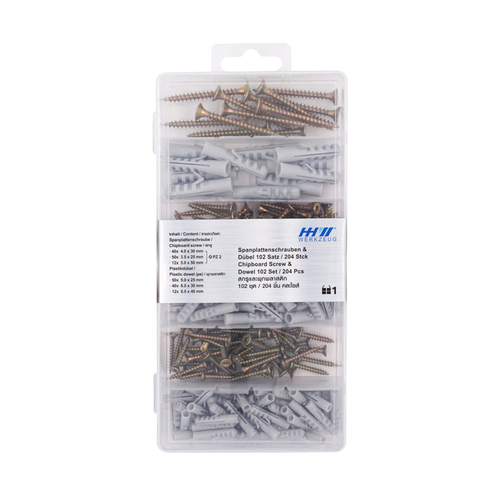 HHW สกรูและพุกพลาสติก 102 ชุด / 204 ชิ้น Chipboard screw & dowel 102 set / 204 pcs 20.100010