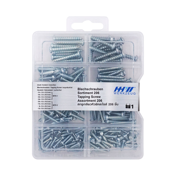 HHW สกรูเกลียวหัวพีคละไซส์ 206 ชิ้น Tapping screw assortment 206 20.100012