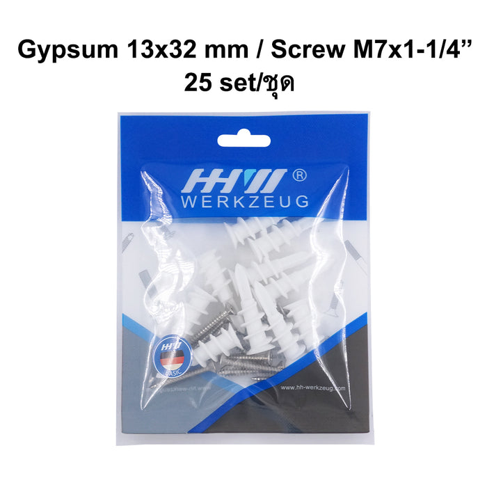 HHW พุกยิปซัม 13x32 มม. และสกรู M7 1-1/4" 25 ชุด Gypsum Dowels 13x32 mm and Screw M7 1-1/4" 25 set 20.201140